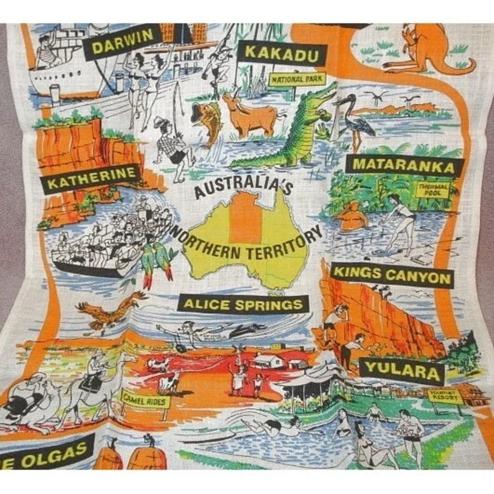 Vtg Australia Linen Souvenir Tea Towel Kangaroo Wildlife Joey Scenic Travel 31